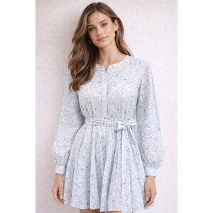 Premier Amour Floral Shirt Dress Blue White Cotton Tie Waist Long‎ Sleeve Size 6